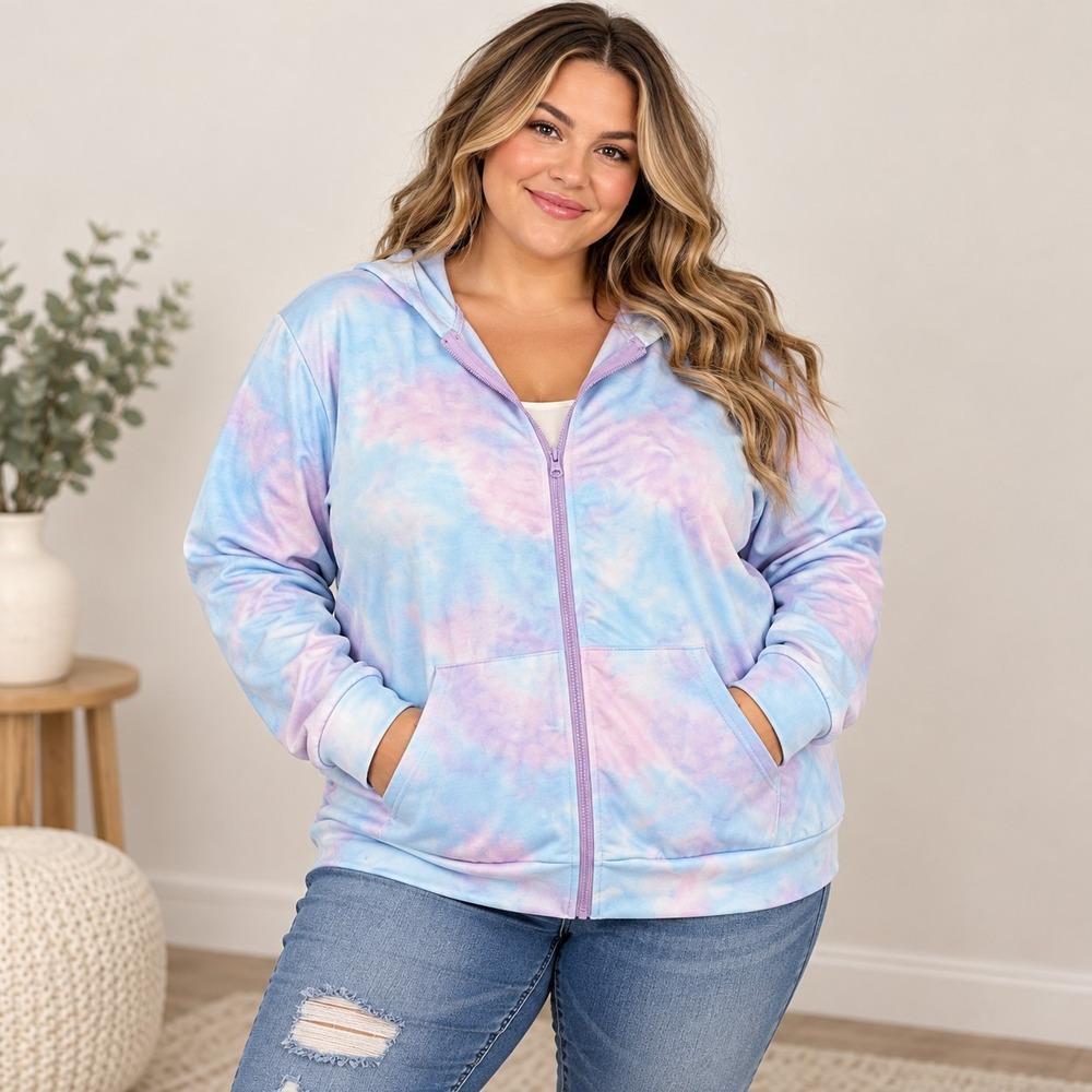 Pastel Tie-Dye Full-Zip Hooded Jacket Women's 2XL Watercolor Coquette Soft Girl